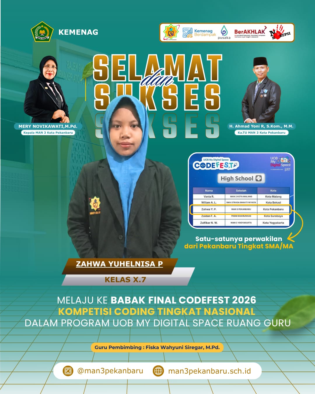 Siswa MAN 3 Pekanbaru Lolos ke Babak Final Codefest 2026 Tingkat Nasional