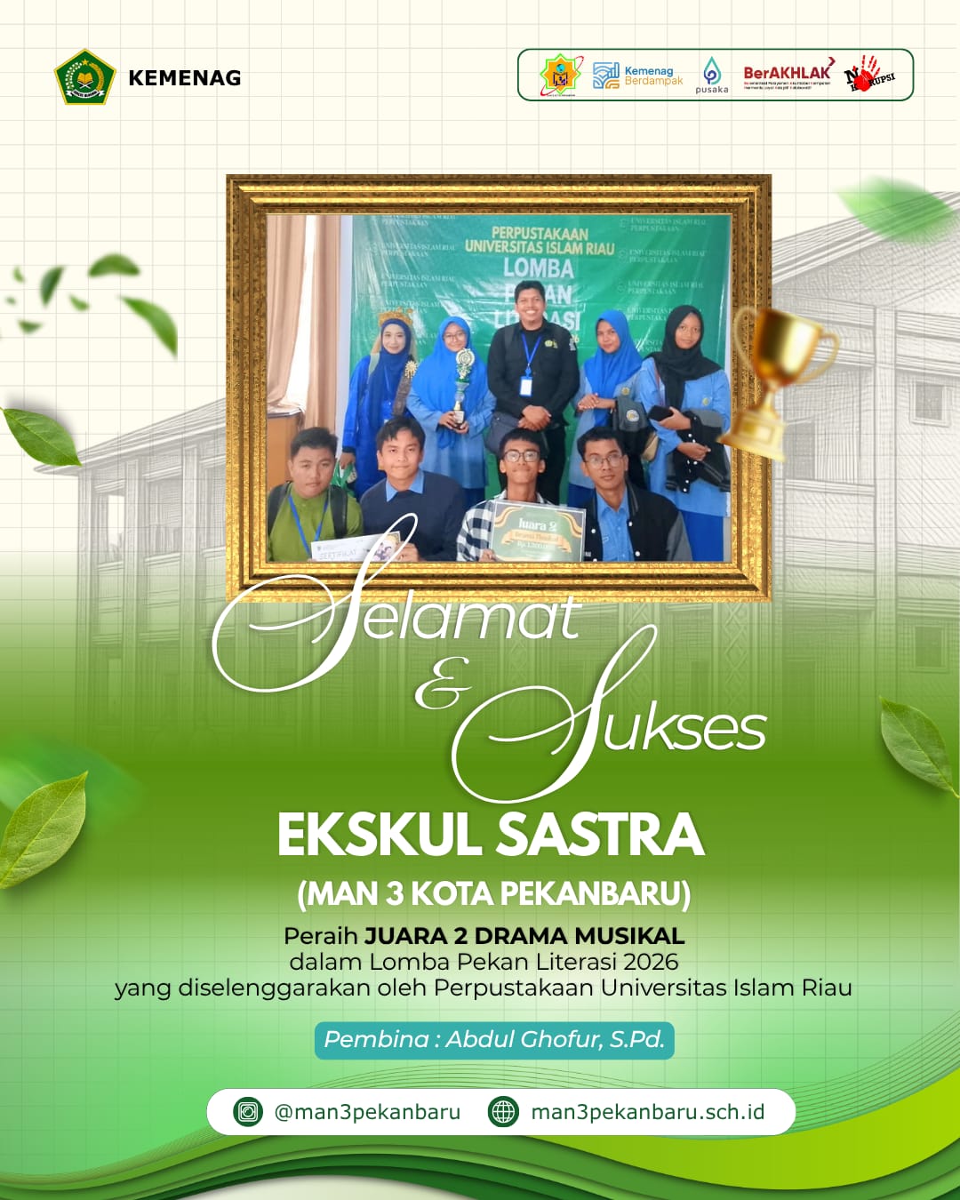 Ekskul Sastra MAN 3 Pekanbaru Raih Juara 2 Drama Musikal pada Pekan Literasi 2026
